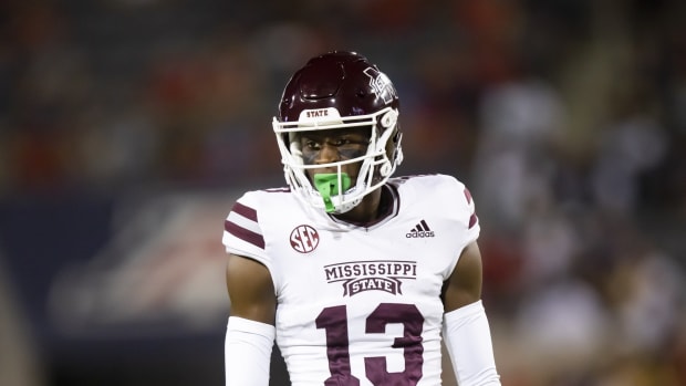 Sep 10, 2022; Tucson, Arizona, USA; Mississippi State Bulldogs cornerback Emmanuel Forbes (13) against the Arizona Wildcats at Arizona Stadium. Mandatory Credit: Mark J. Rebilas-USA TODAY Sports